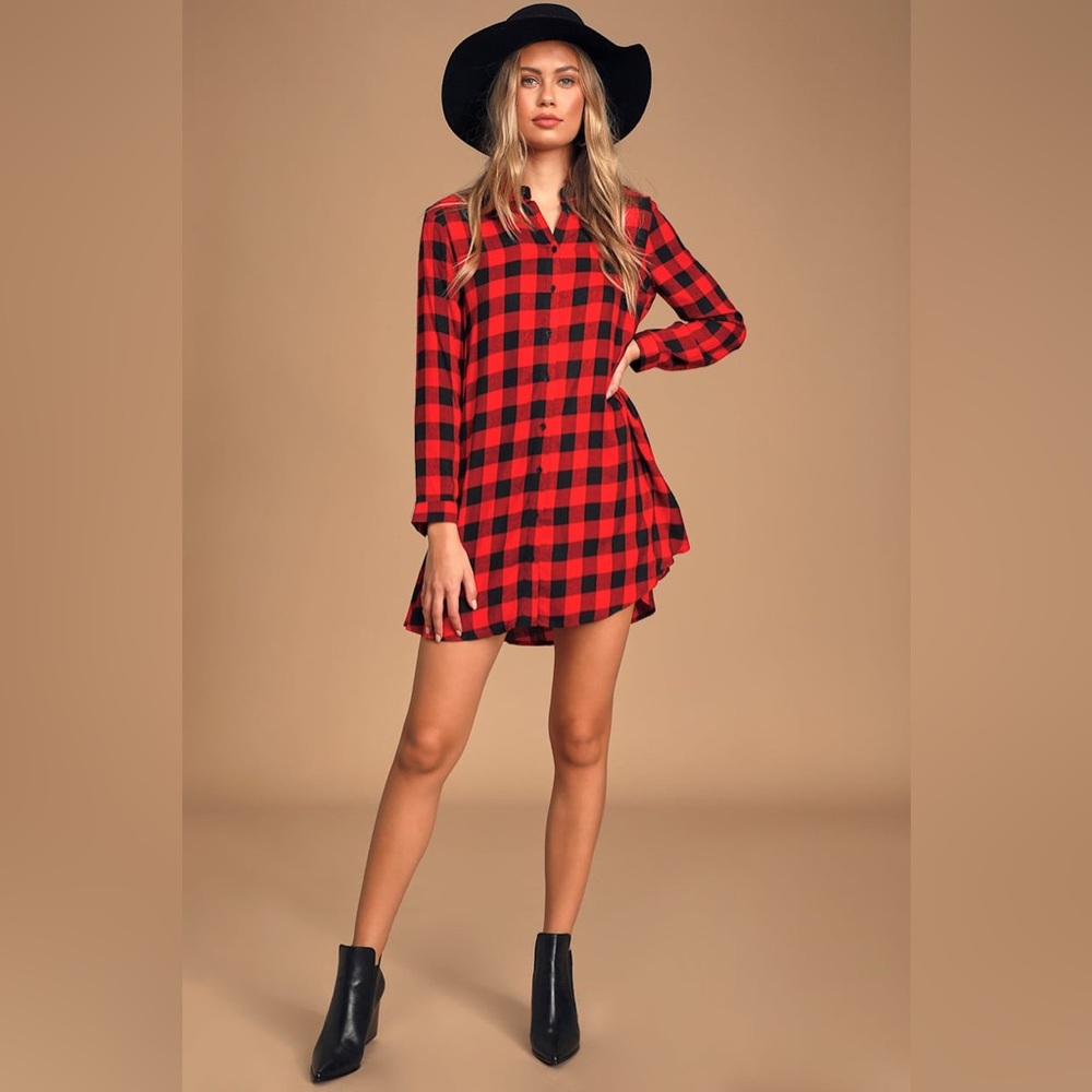 BB Dakota Red and Black Plaid Button Up Shirt Dress